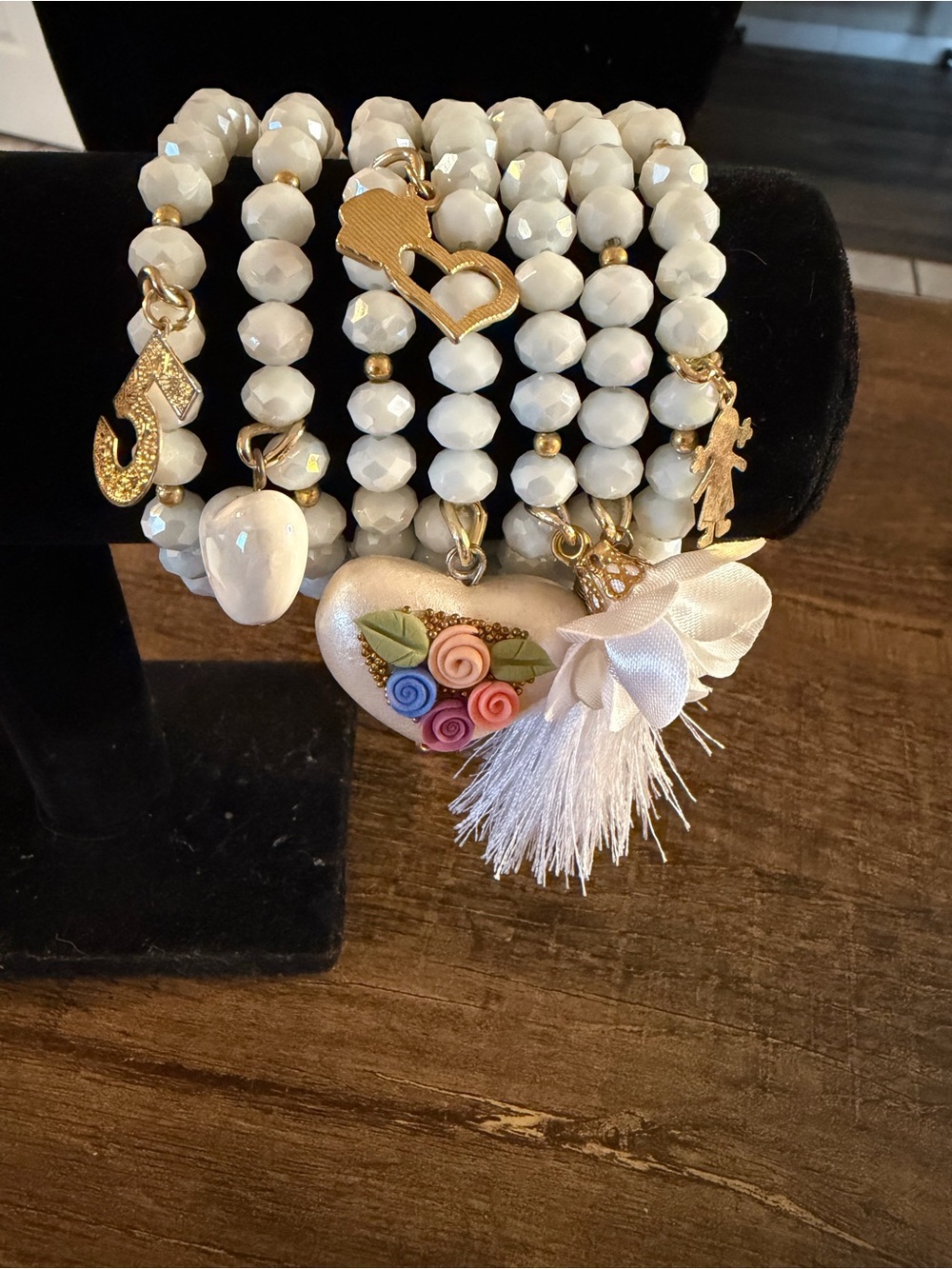 White Beaded Heart Charm Bracelet Stack with Gold Accents